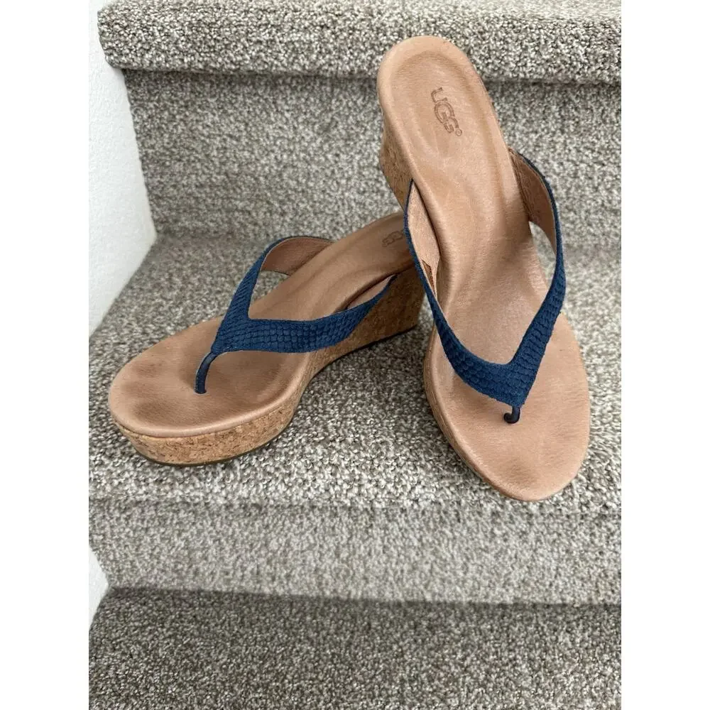 UGG Women's W Natassia Mar Wedge Sandal Cork Trim Navy Straps Size 8 Preowned